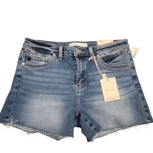 KanCan Women's Blue Denim Cut Off Shorts Stretch Studded Pocket Design Sz 28